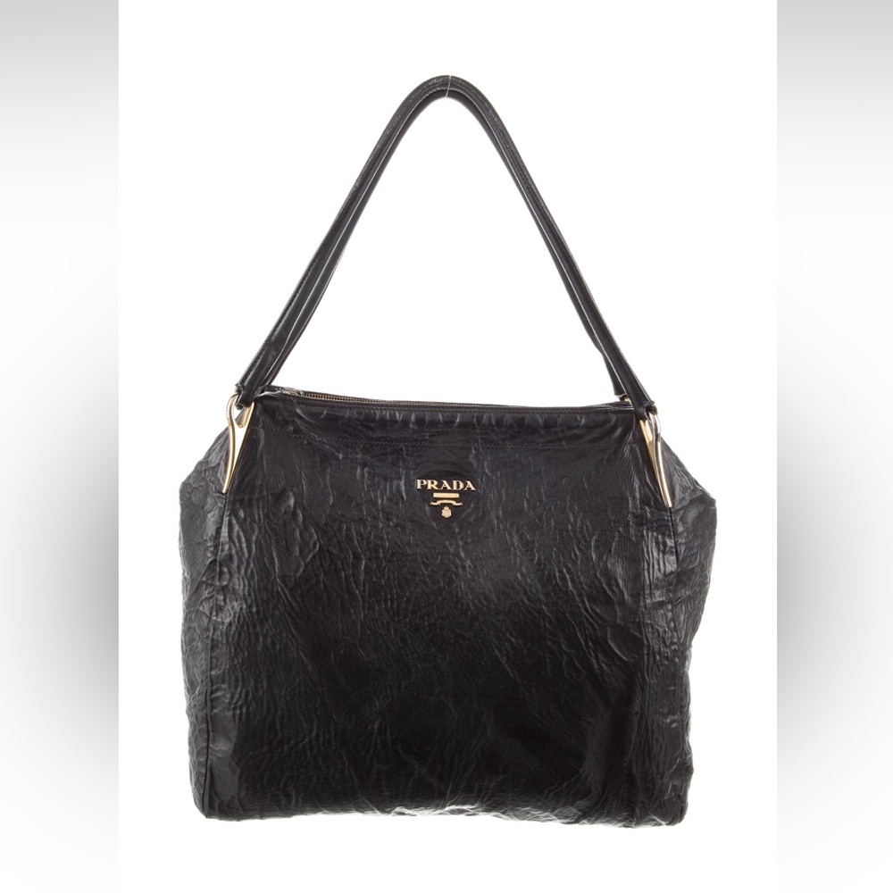 Prada Textured Calf Black Leather Shopper Tote